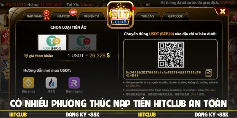 Có nhiều phương thức nạp tiền Hitclub an toàn bảo mật